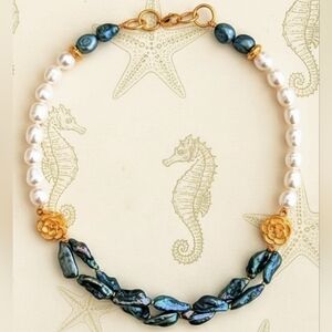 Natural Peacock To Teal Keshi Pearls & White  Freshwater Pearl Necklace